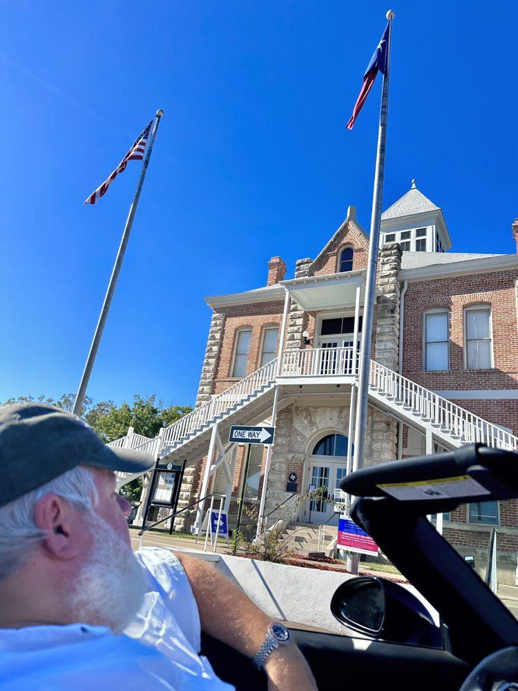 Billy and the Grimes County Courthouse, top down. Claude adds: Anderson has 193 residents as of the 2020 census and is still the county seat